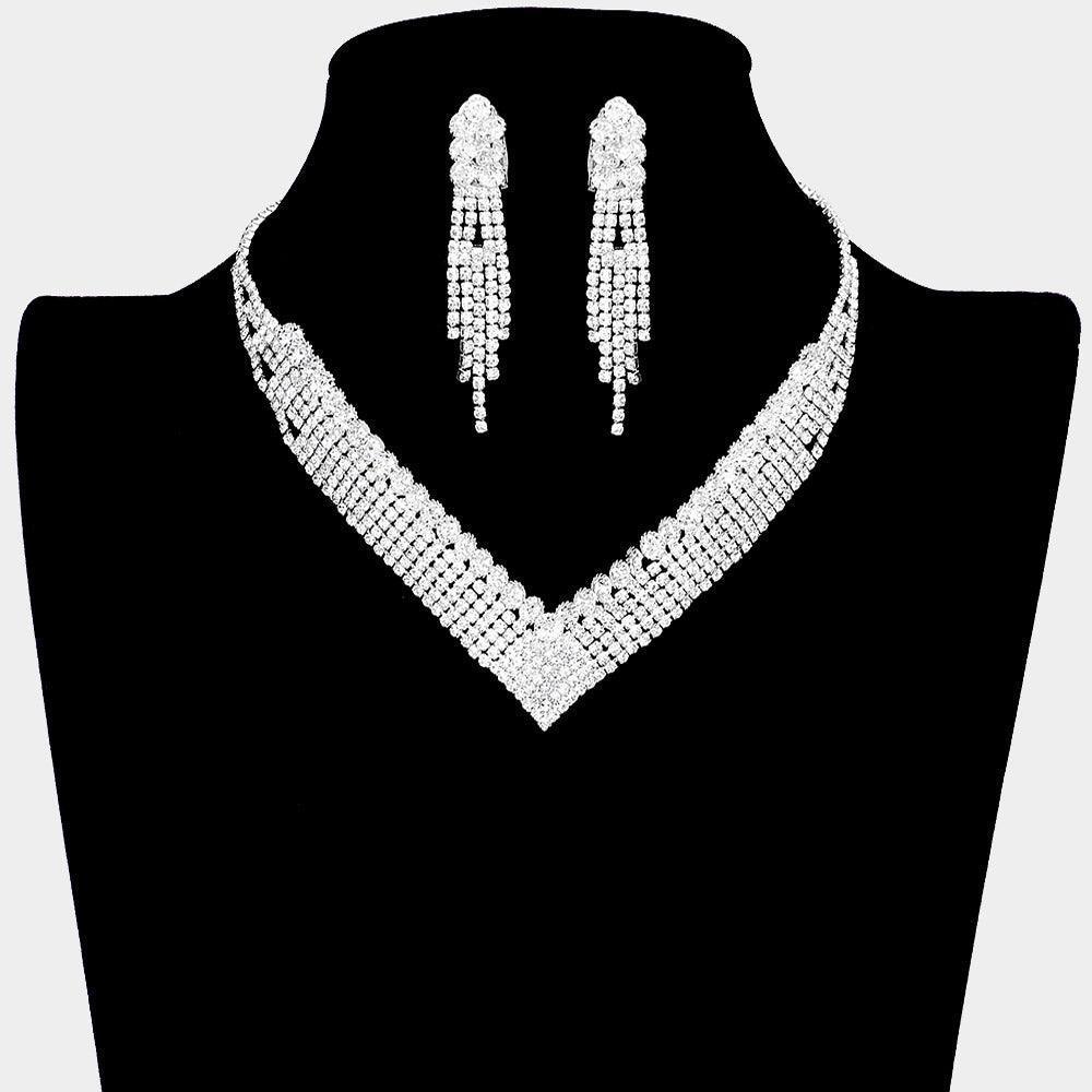 Silver Crystal V Shape Collar Necklace Clip on Earring Set Rhinestone Paved - Jewelry Store by Erik Rayo