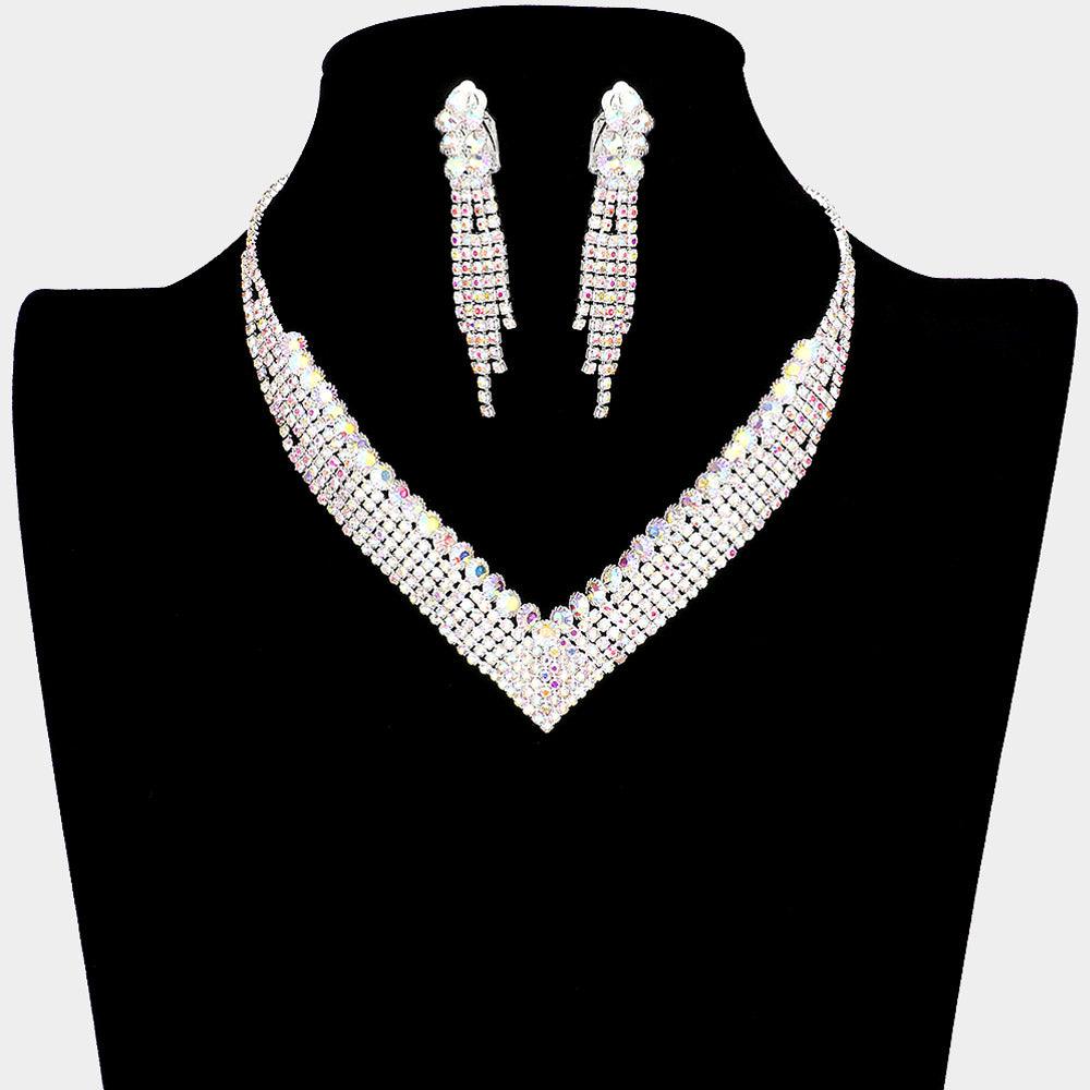 Silver Crystal V Shape Collar Necklace Clip on Earring Set Rhinestone Paved