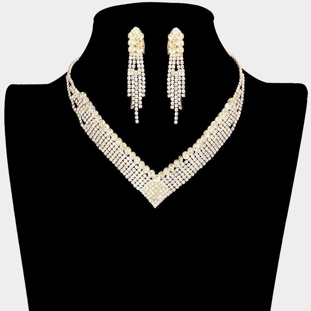 Gold Crystal V Shape Collar Necklace Clip on Earring Set Rhinestone Paved - Jewelry Store by Erik Rayo
