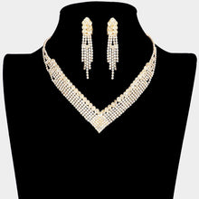 Load image into Gallery viewer, Gold Crystal V Shape Collar Necklace Clip on Earring Set Rhinestone Paved
