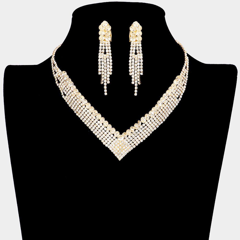 Gold Crystal V Shape Collar Necklace Clip on Earring Set Rhinestone Paved