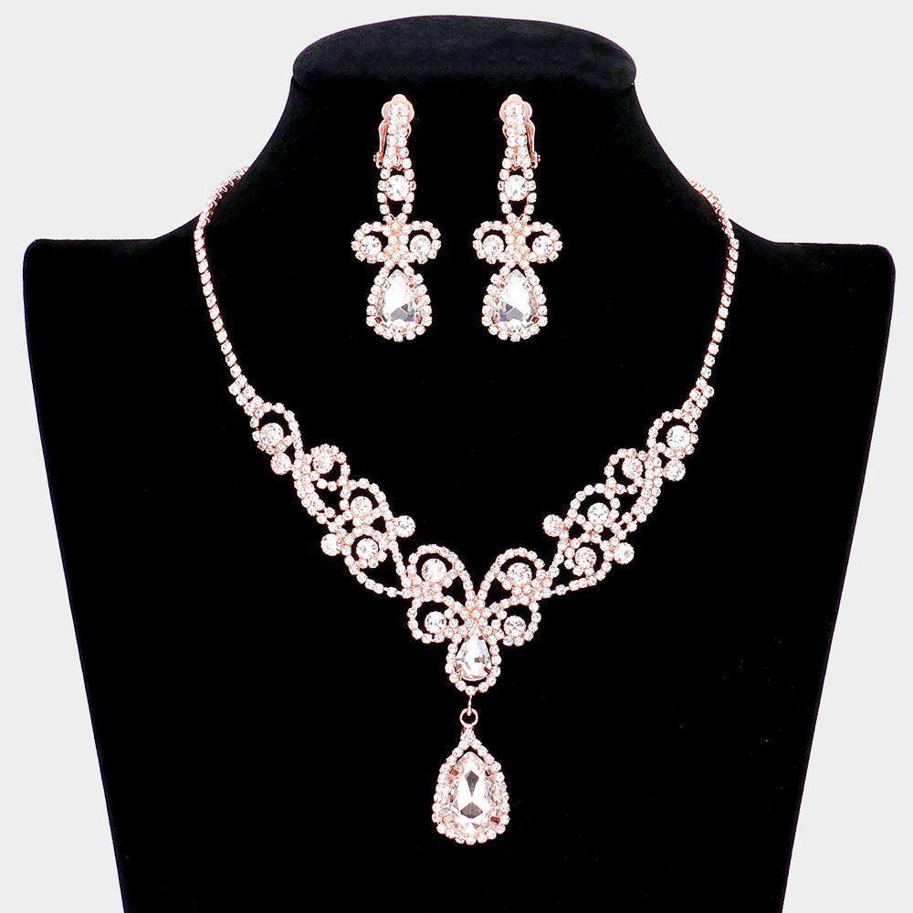 Rose Gold Teardrop Crystal Rhinestone Vine Drop Collar Necklace Clip on Earring Set - Jewelry Store by Erik Rayo