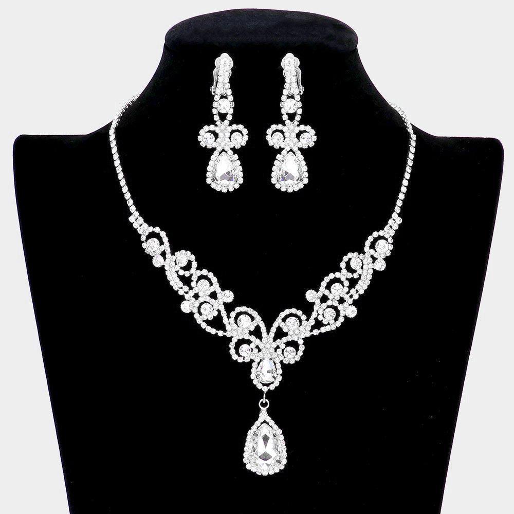 Silver Teardrop Crystal Rhinestone Vine Drop Collar Necklace Clip on Earring Set - Jewelry Store by Erik Rayo