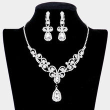 Load image into Gallery viewer, Silver Teardrop Crystal Rhinestone Vine Drop Collar Necklace Clip on Earring Set
