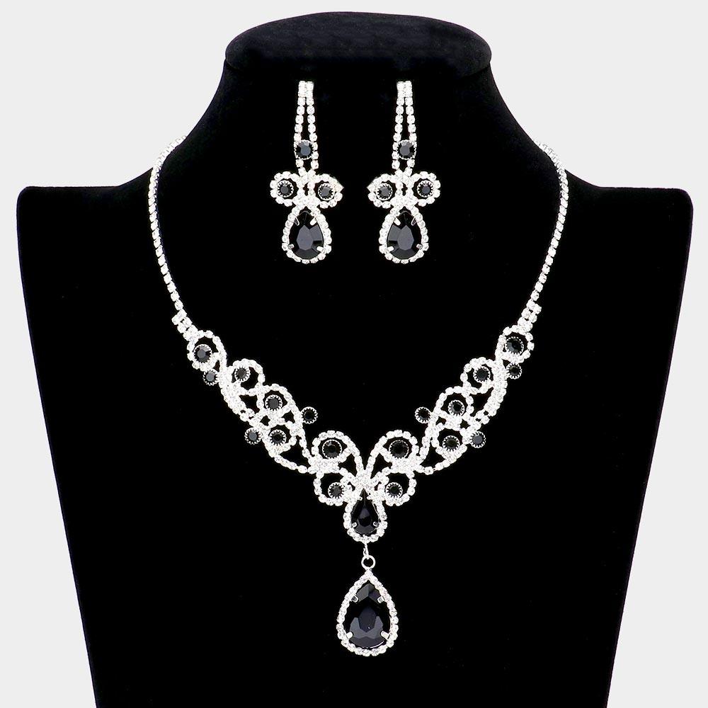 Black Teardrop Crystal Rhinestone Vine Drop Collar Necklace