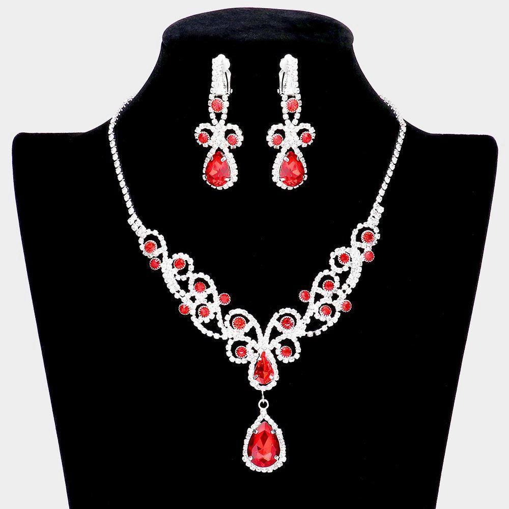 Red Teardrop Crystal Rhinestone Vine Drop Collar Necklace Clip on Earring Set - Jewelry Store by Erik Rayo