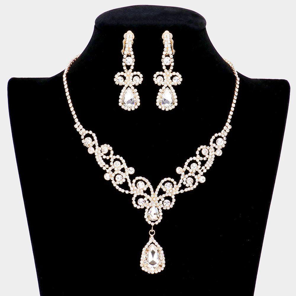 Gold Teardrop Crystal Rhinestone Vine Drop Collar Necklace Clip on Earring Set - Jewelry Store by Erik Rayo