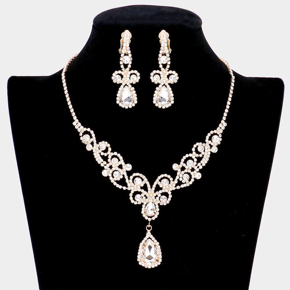 Gold Teardrop Crystal Rhinestone Vine Drop Collar Necklace Clip on Earring Set