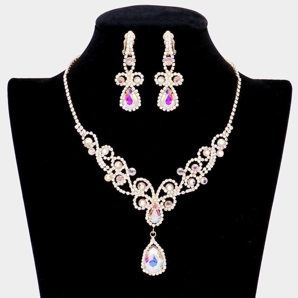 Gold Teardrop Crystal Rhinestone Vine Drop Collar Necklace Clip on Earring Set - Jewelry Store by Erik Rayo