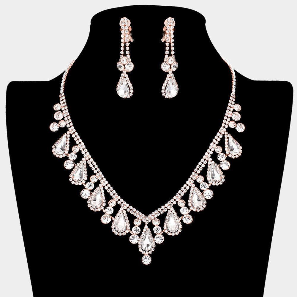 Clear Crystal Rhinestone Bubbly Teardrop Necklace Clip on Earring Set - Jewelry Store by Erik Rayo