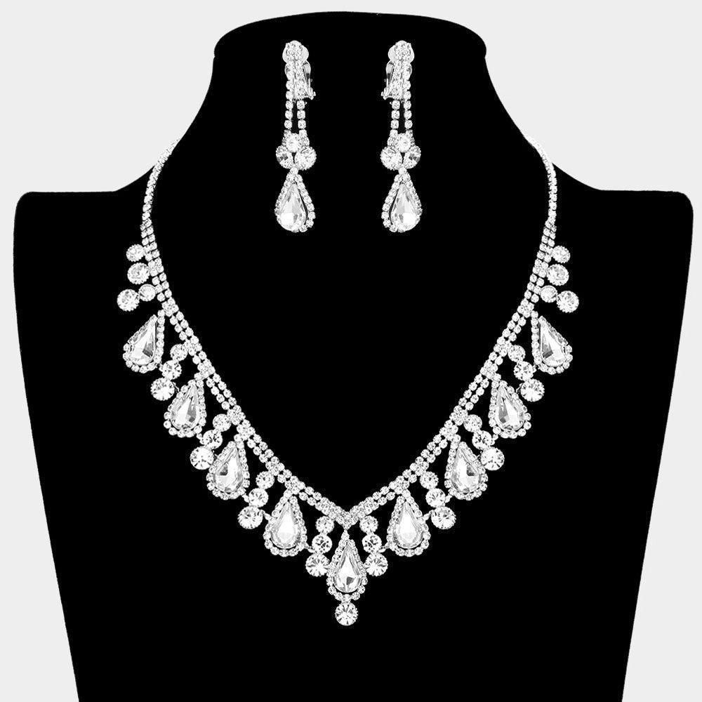 Clear Crystal Rhinestone Bubbly Teardrop Necklace Clip on Earring Set - Jewelry Store by Erik Rayo