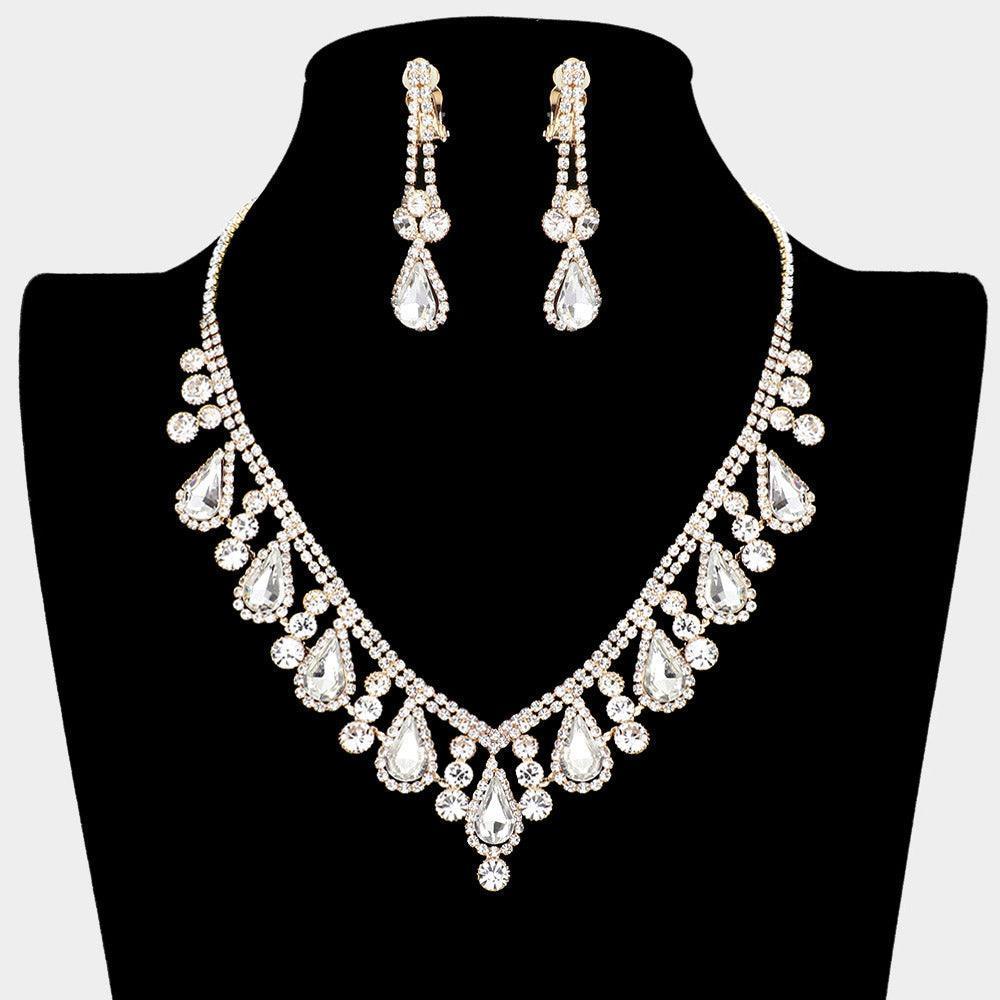 Clear Crystal Rhinestone Bubbly Teardrop Necklace Clip on Earring Set - Jewelry Store by Erik Rayo