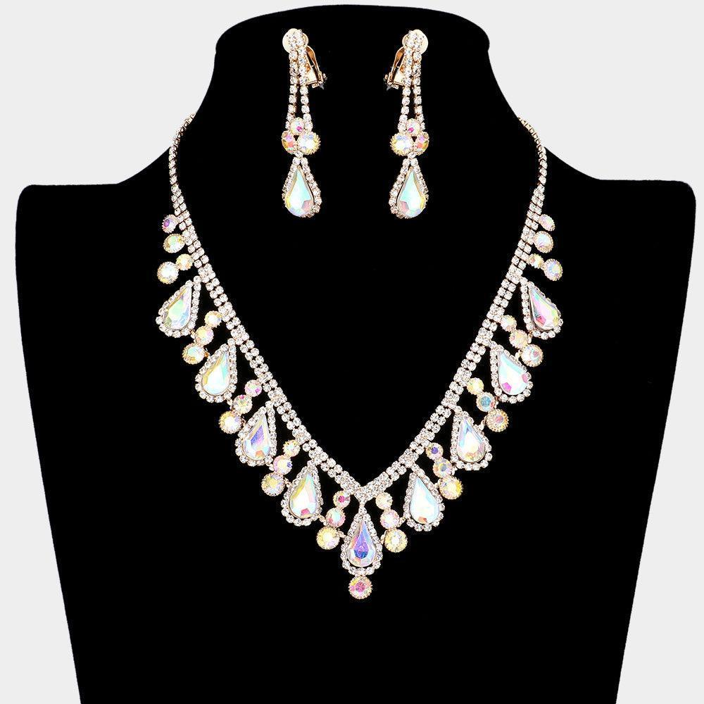 Gold Crystal Rhinestone Bubbly Teardrop Necklace Clip on Earring Set - Jewelry Store by Erik Rayo