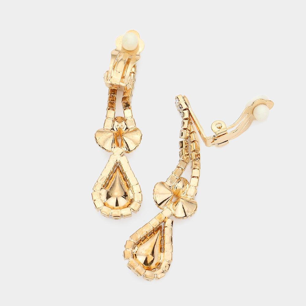 Gold Crystal Rhinestone Bubbly Teardrop Necklace Clip on Earring Set - Jewelry Store by Erik Rayo