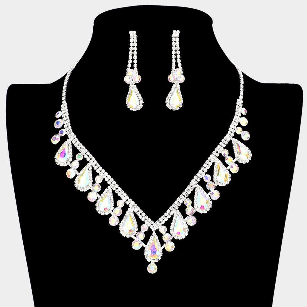 Silver Teardrop Stone Accented Rhinestone Necklace