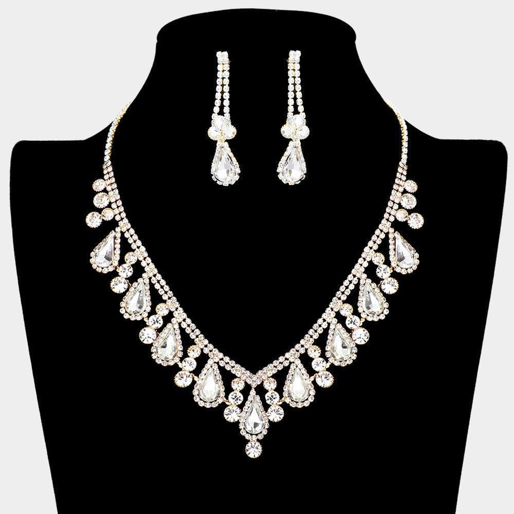 Gold Teardrop Stone Accented Rhinestone Necklace - Jewelry Store by Erik Rayo