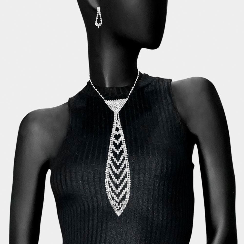 Silver Neck Tie Necklace Rhinestone Paved