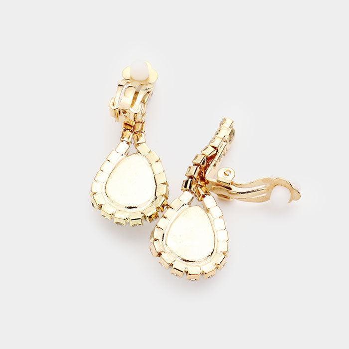 Gold Teardrop Collar Necklace & Clip Earring Set Rhinestone Paved - Jewelry Store by Erik Rayo