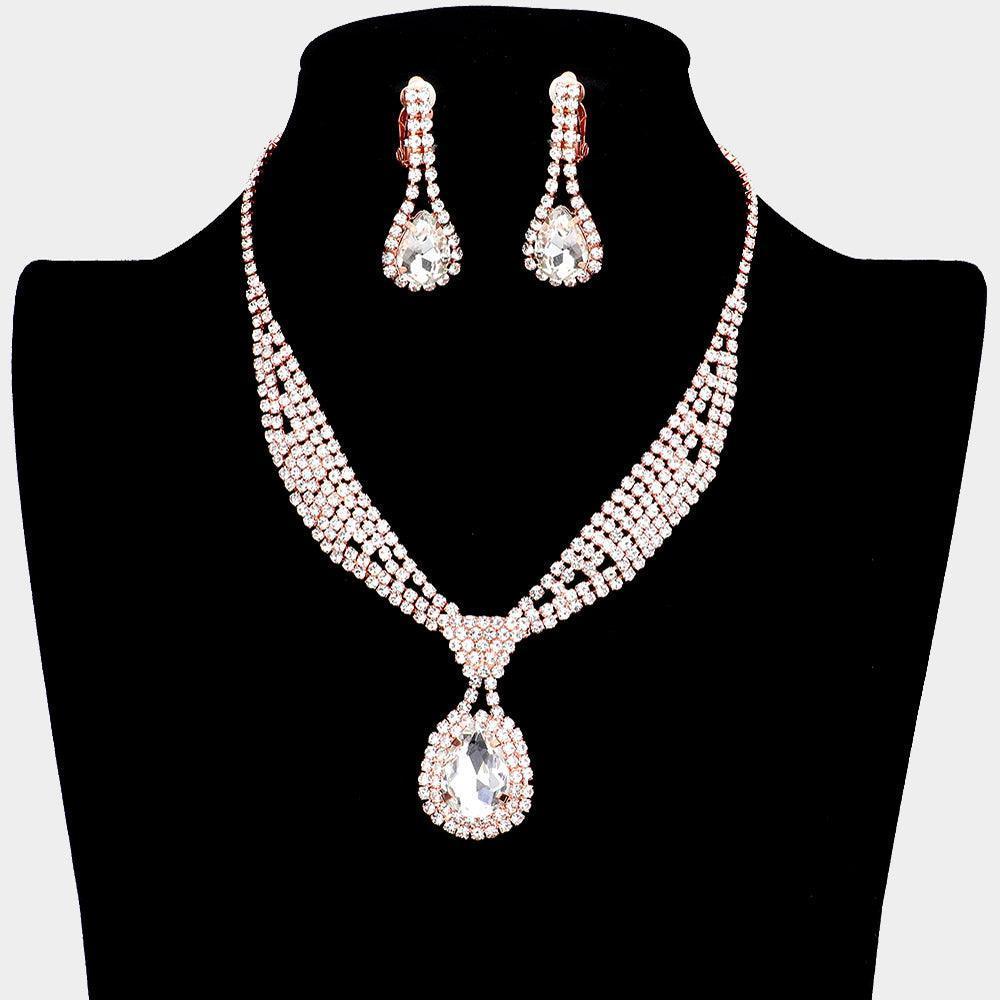 Gold Teardrop Collar Necklace & Clip Earring Set Rhinestone Paved - Jewelry Store by Erik Rayo