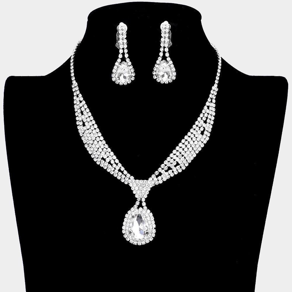 Silver Teardrop Collar Necklace & Clip Earring Set Rhinestone Paved - Jewelry Store by Erik Rayo