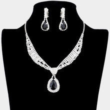 Load image into Gallery viewer, Black Teardrop Collar Necklace &amp; Clip Earring Set Rhinestone Paved
