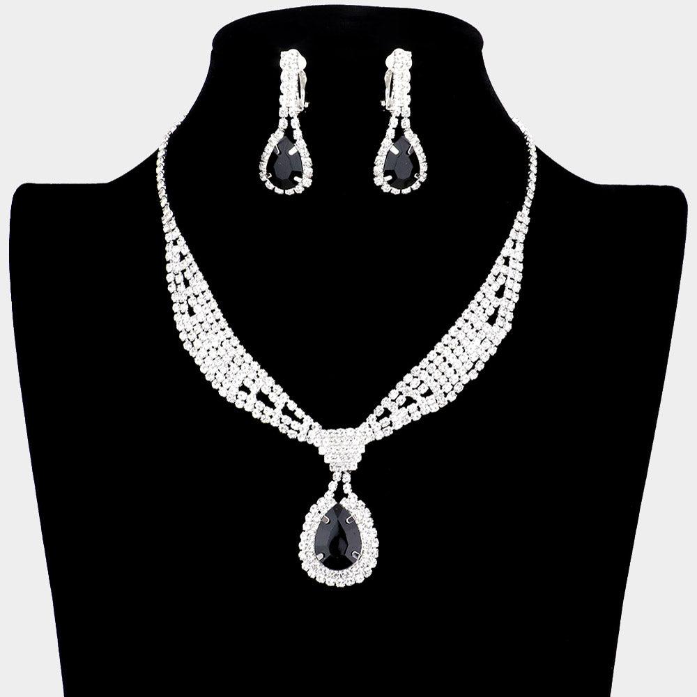 Black Teardrop Collar Necklace & Clip Earring Set Rhinestone Paved