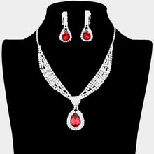 Load image into Gallery viewer, Red Teardrop Collar Necklace &amp; Clip Earring Set Rhinestone Paved
