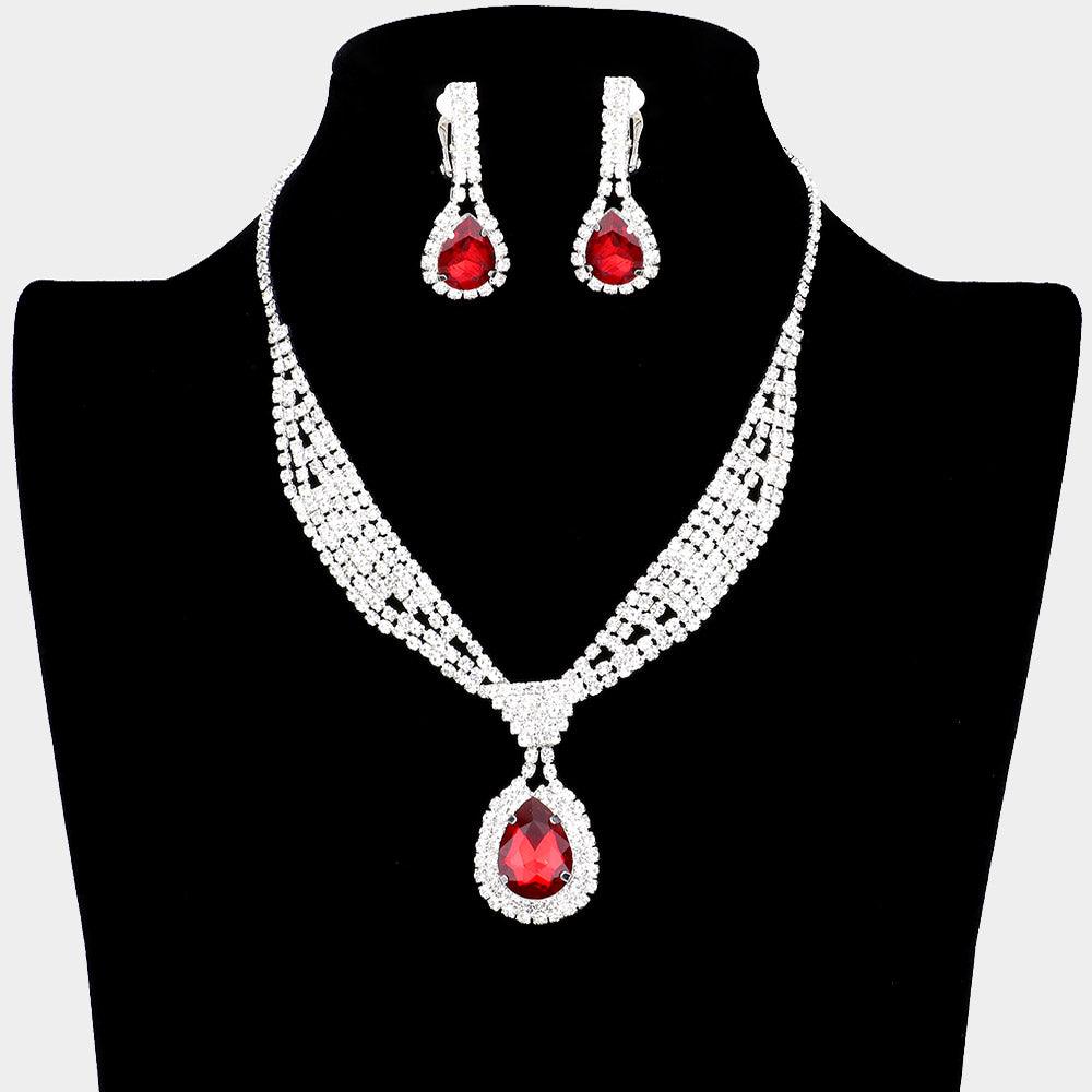 Red Teardrop Collar Necklace & Clip Earring Set Rhinestone Paved