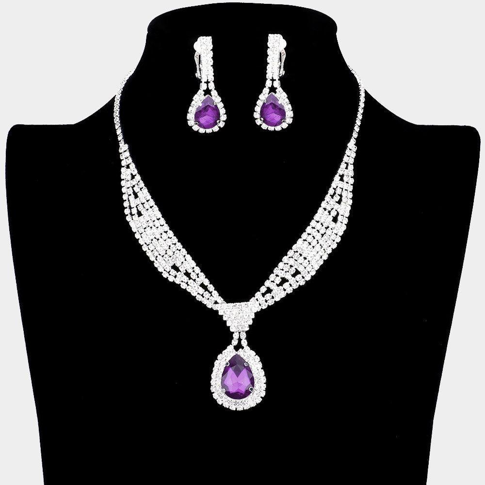 Teardrop Collar Necklace & Clip Earring Set Rhinestone Paved - Jewelry Store by Erik Rayo