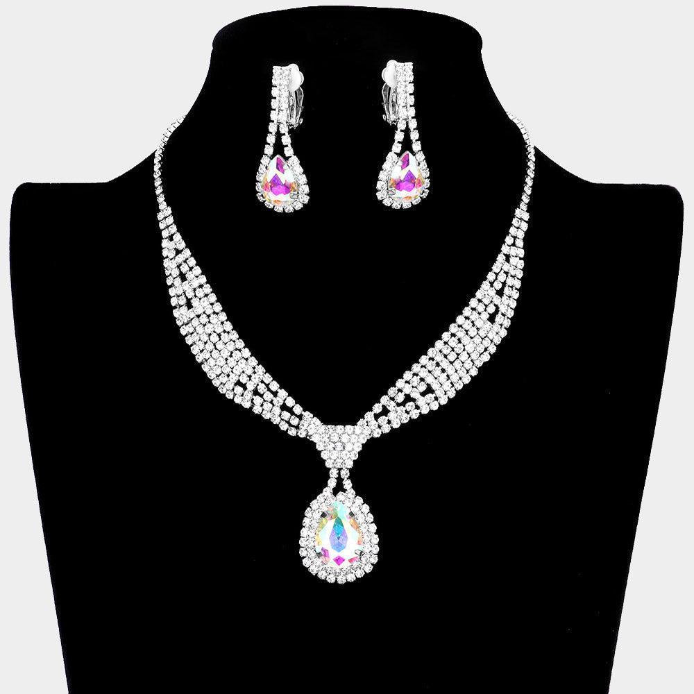 Silver Teardrop Collar Necklace & Clip Earring Set Rhinestone Paved - Jewelry Store by Erik Rayo