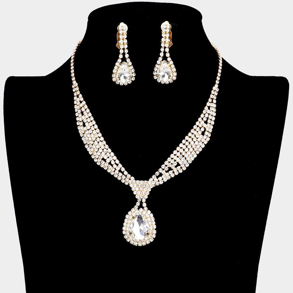 Gold Teardrop Collar Necklace & Clip Earring Set Rhinestone Paved