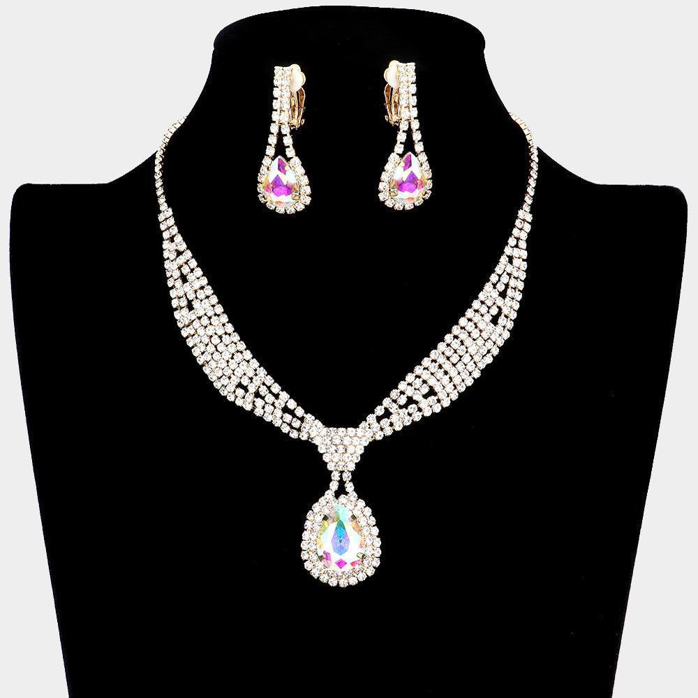 Gold Teardrop Collar Necklace & Clip Earring Set Rhinestone Paved - Jewelry Store by Erik Rayo