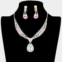 Load image into Gallery viewer, Gold Teardrop Collar Necklace &amp; Clip Earring Set Rhinestone Paved
