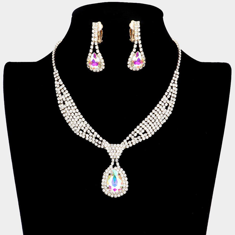 Gold Teardrop Collar Necklace & Clip Earring Set Rhinestone Paved