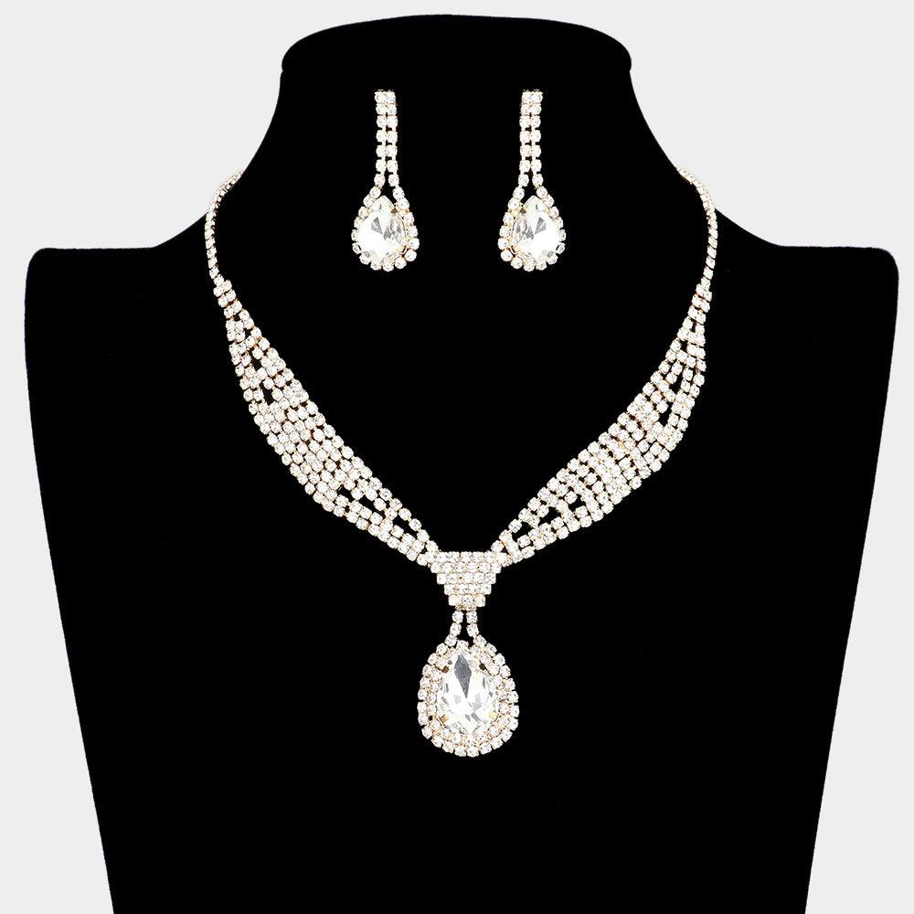 Gold Teardrop Collar Necklace Rhinestone Paved