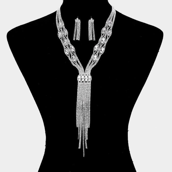 Silver Rhinestone Trim Crystal Oval Fringe Necklace