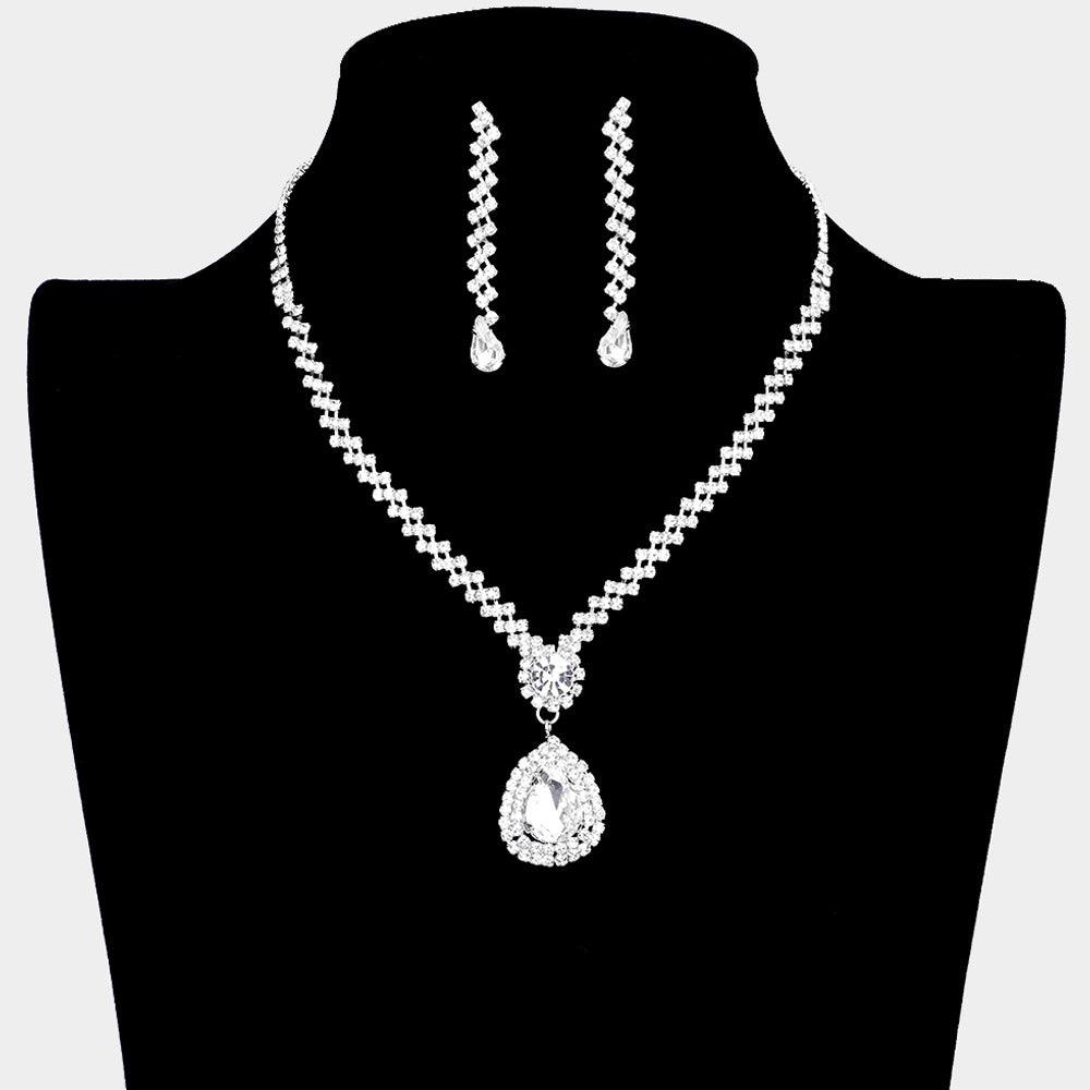 Silver Teardrop Crystal Rhinestone Necklace