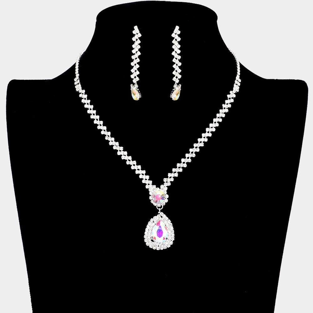 Silver Teardrop Crystal Rhinestone Necklace