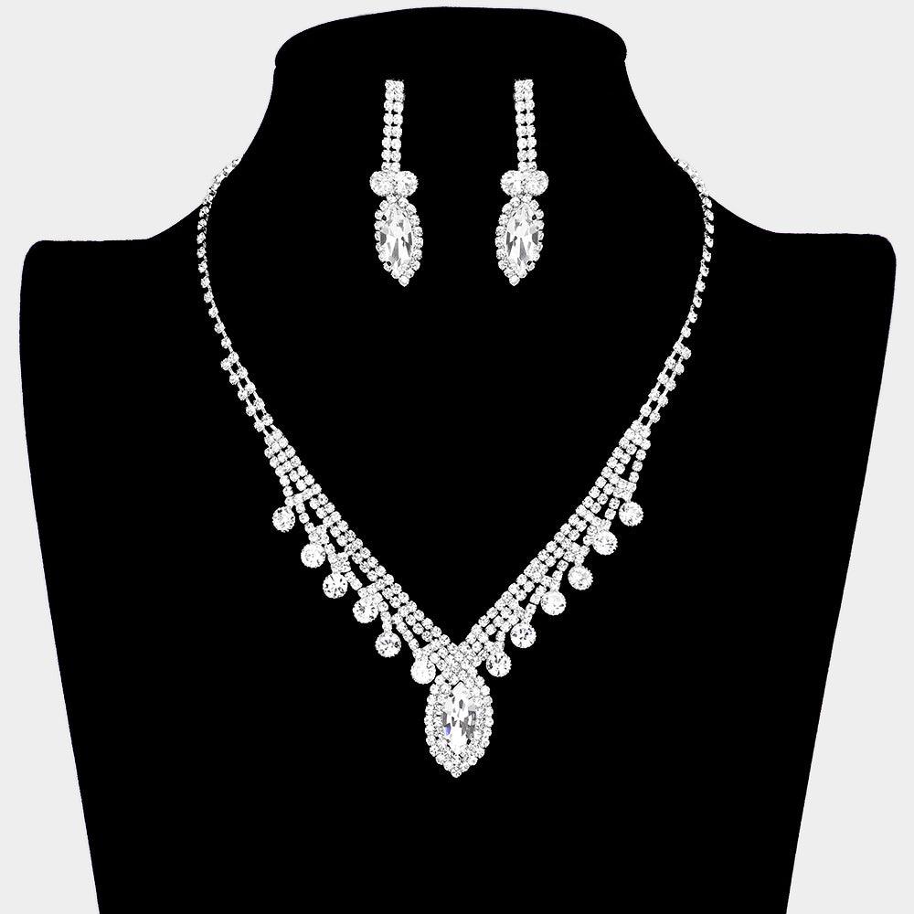 Silver Round Marquise Stone Accented Rhinestone Necklace