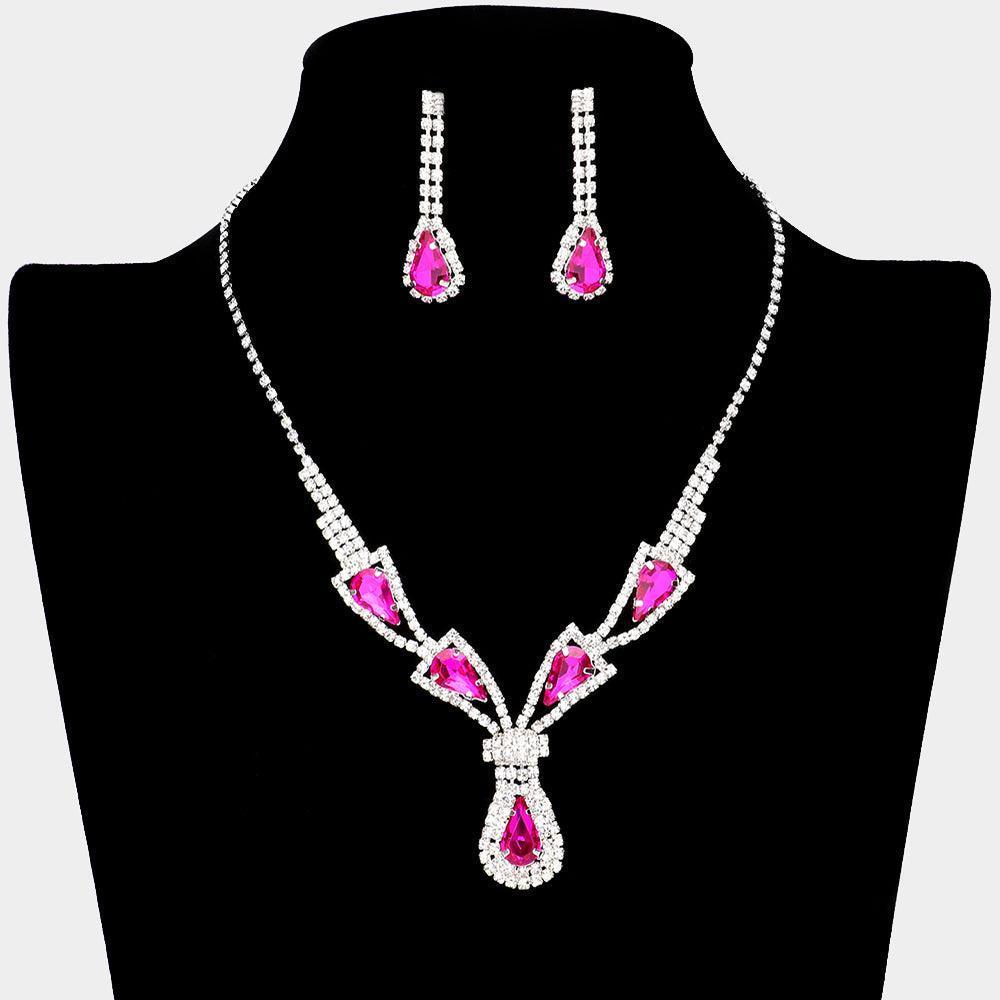 Fuchsia Teardrop Stone Accented Rhinestone Necklace - Jewelry Store by Erik Rayo