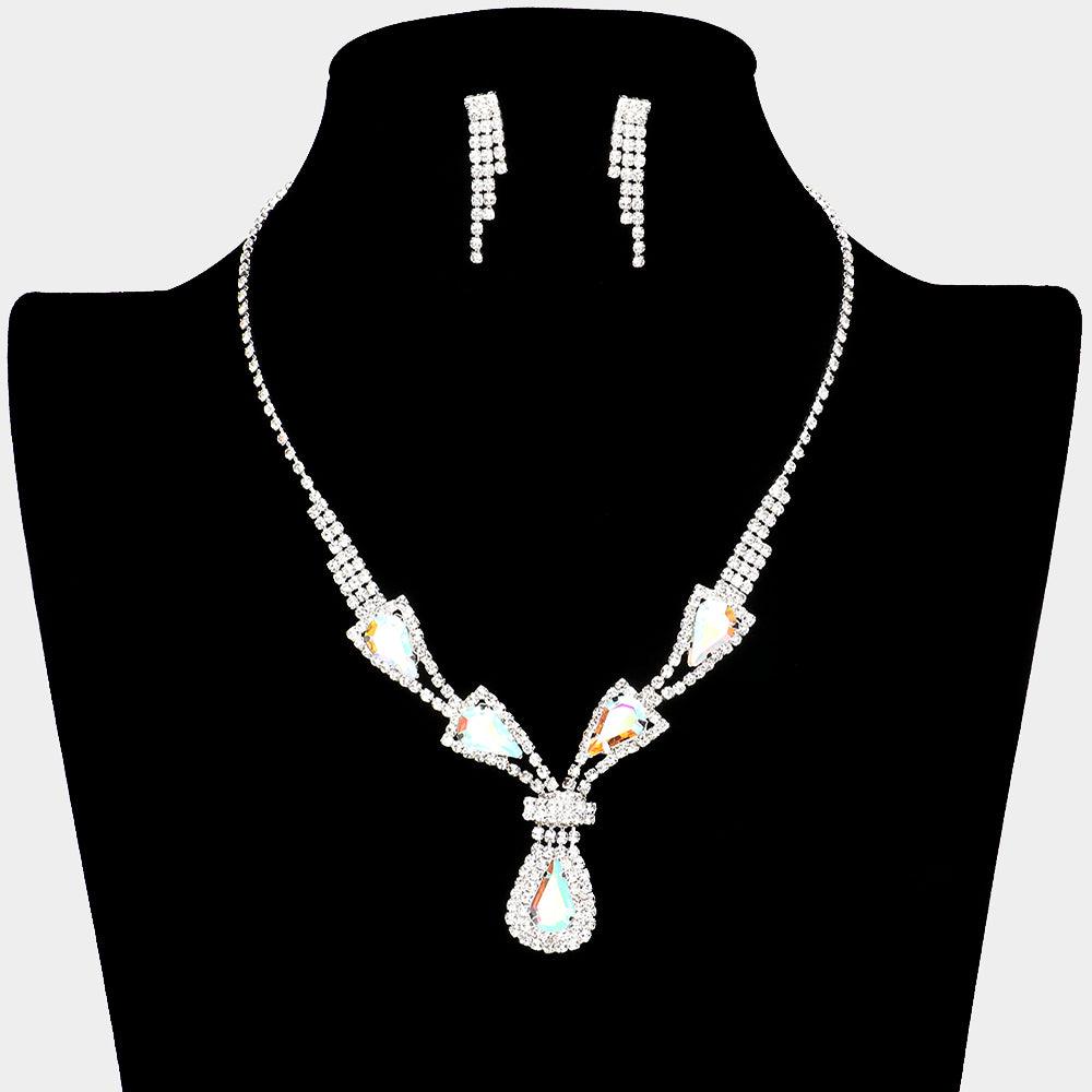 Silver Teardrop Stone Accented Rhinestone Necklace