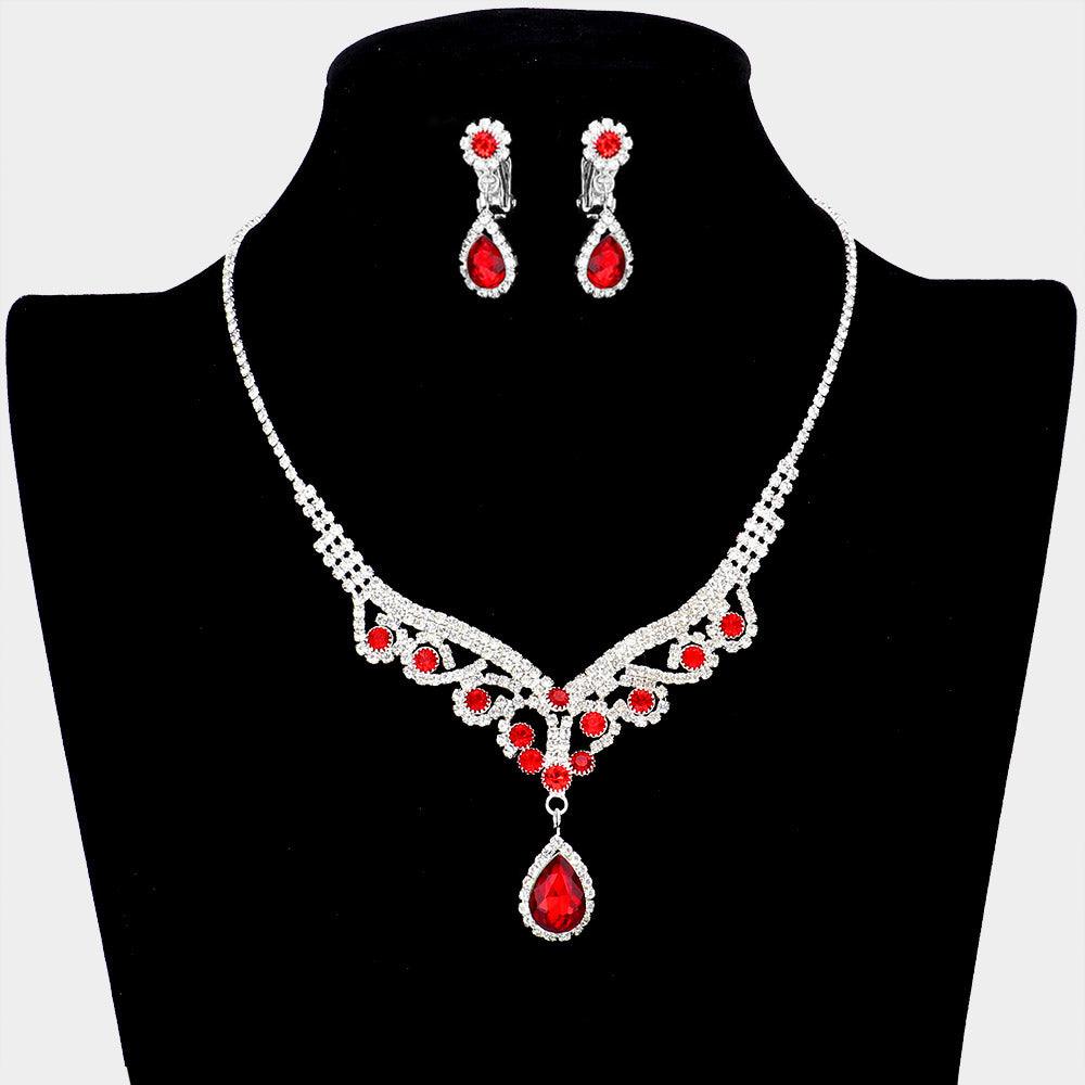 Red Teardrop Stone Accented Rhinestone Necklace Clip on Earring Set - Jewelry Store by Erik Rayo