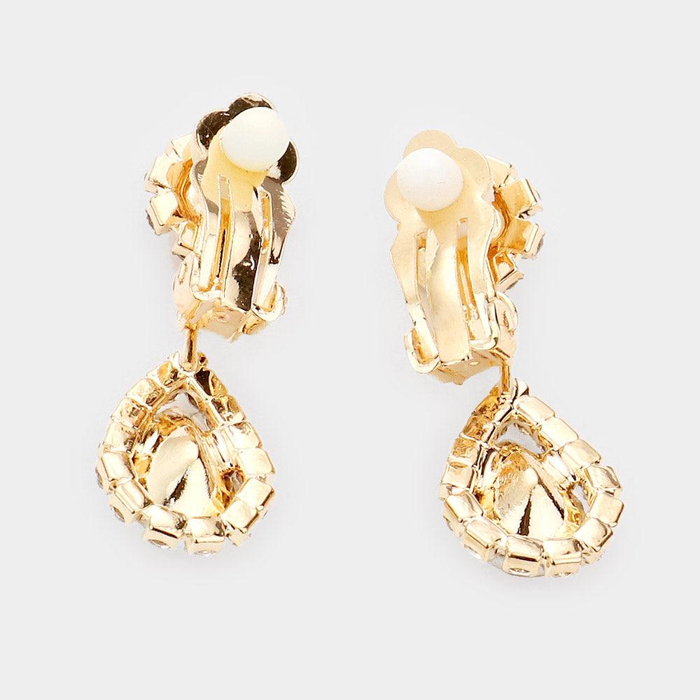 Gold Teardrop Stone Accented Rhinestone Necklace Clip on Earring Set - Jewelry Store by Erik Rayo
