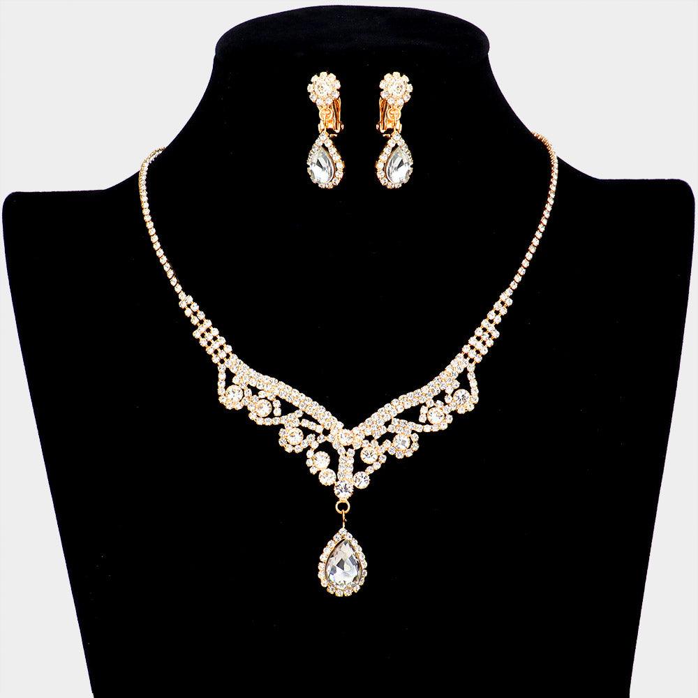 Gold Teardrop Stone Accented Rhinestone Necklace Clip on Earring Set - Jewelry Store by Erik Rayo
