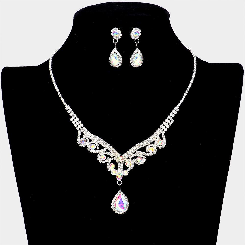 Silver Teardrop Stone Accented Rhinestone Necklace