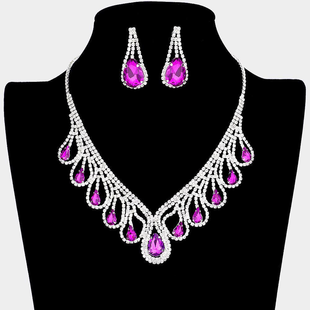 Silver Teardrop Crystal Rhinestone Collar Necklace