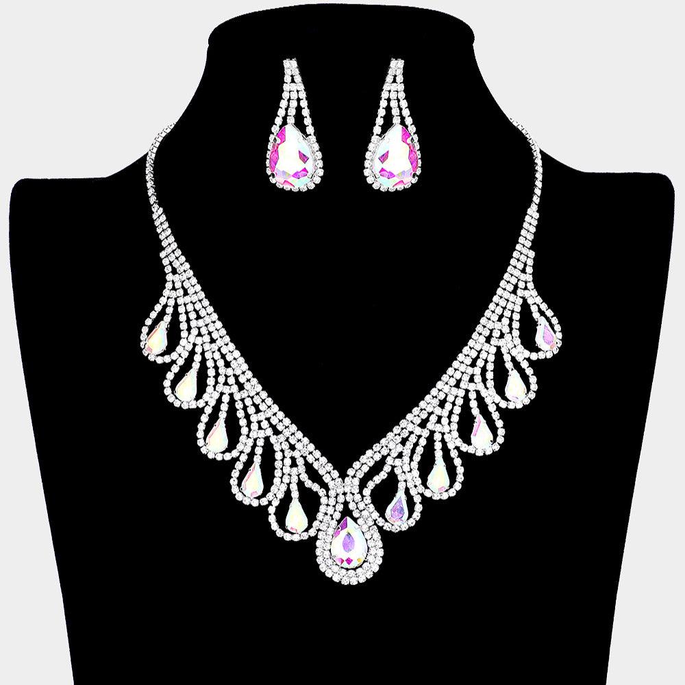 Silver Teardrop Crystal Rhinestone Collar Necklace