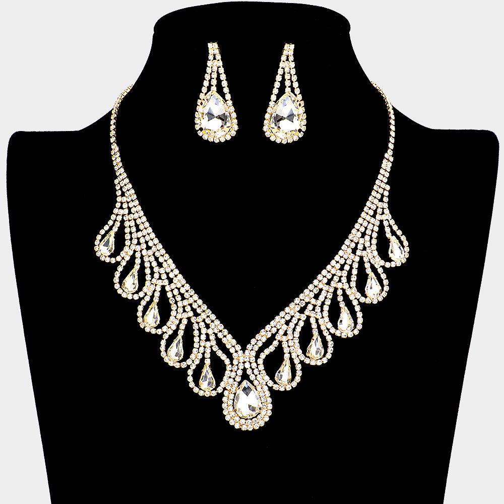 Silver Teardrop Crystal Rhinestone Collar Necklace