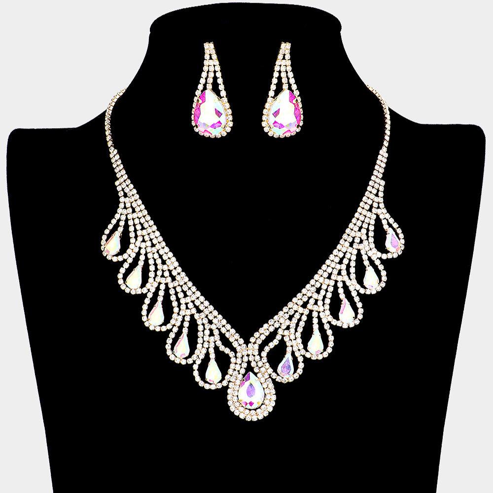 Gold Teardrop Crystal Rhinestone Collar Necklace