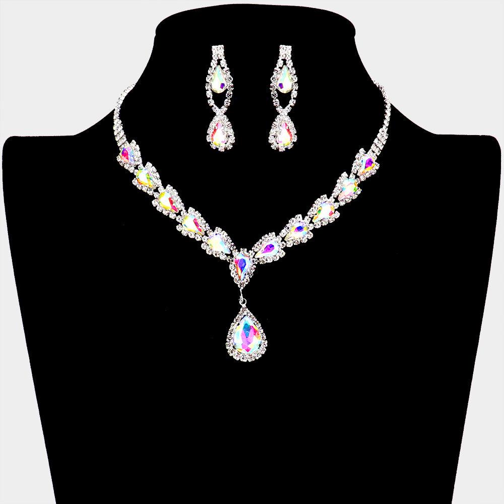 Silver Teardrop Stone Accented Rhinestone Necklace